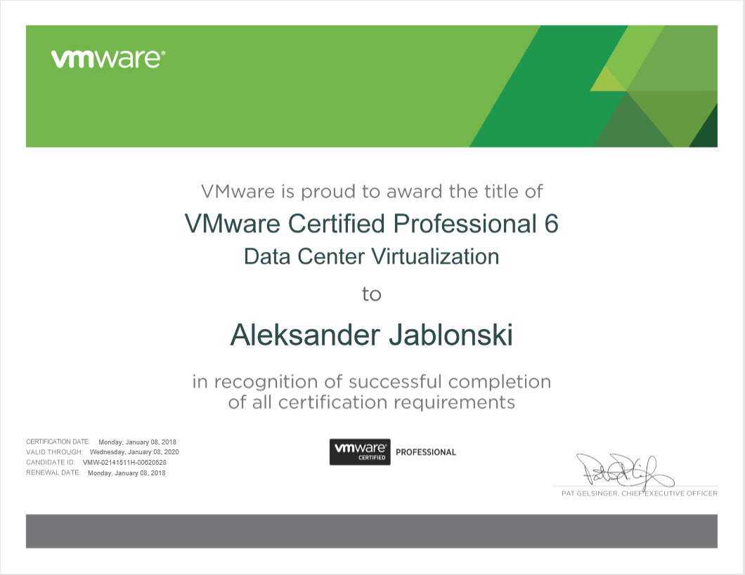 Zdjęcie certyfikatu Data Center Virtualization certificate